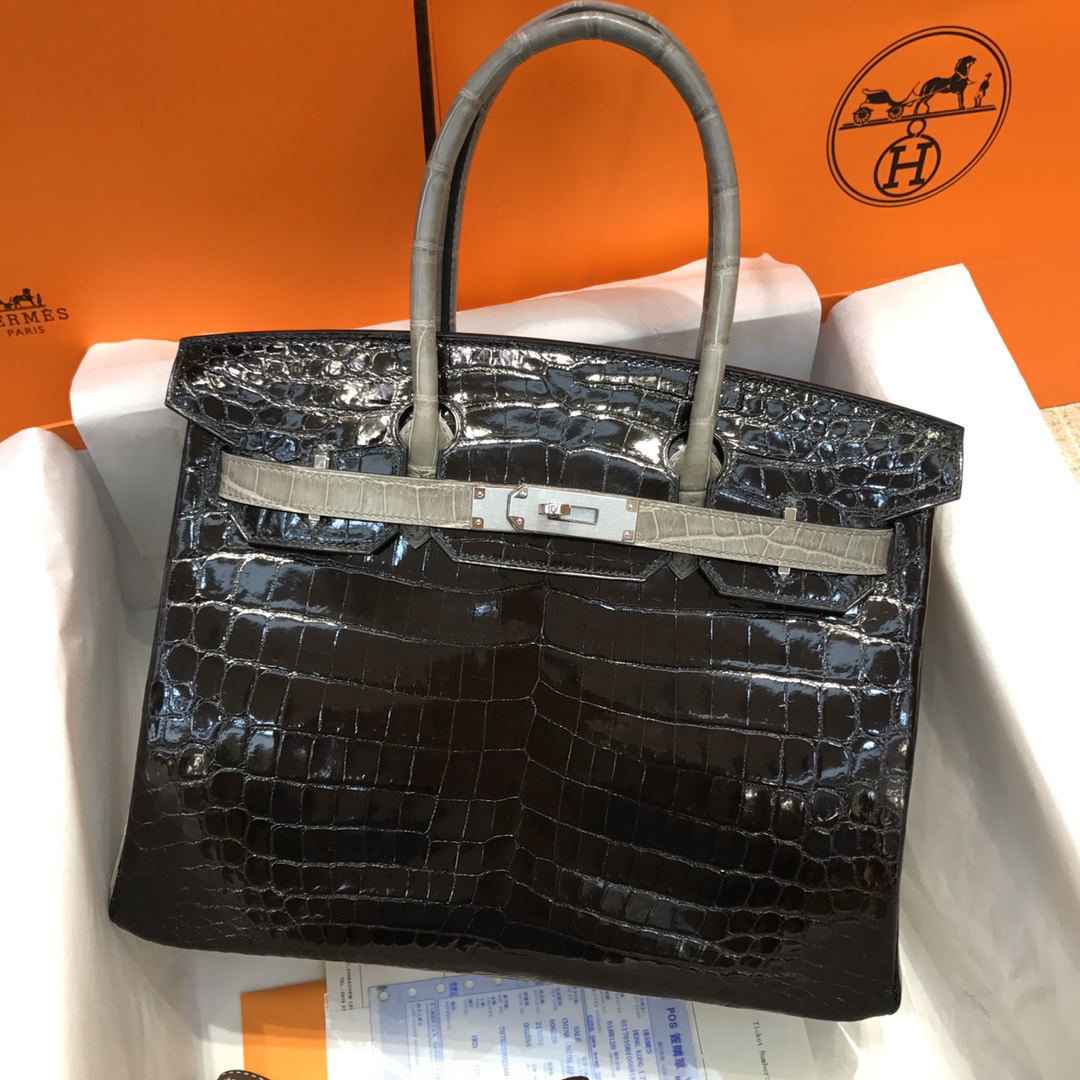 Hermes Birkin 30CM Handmade Bag In Black White Crocodile Niloticus Shiny Skin